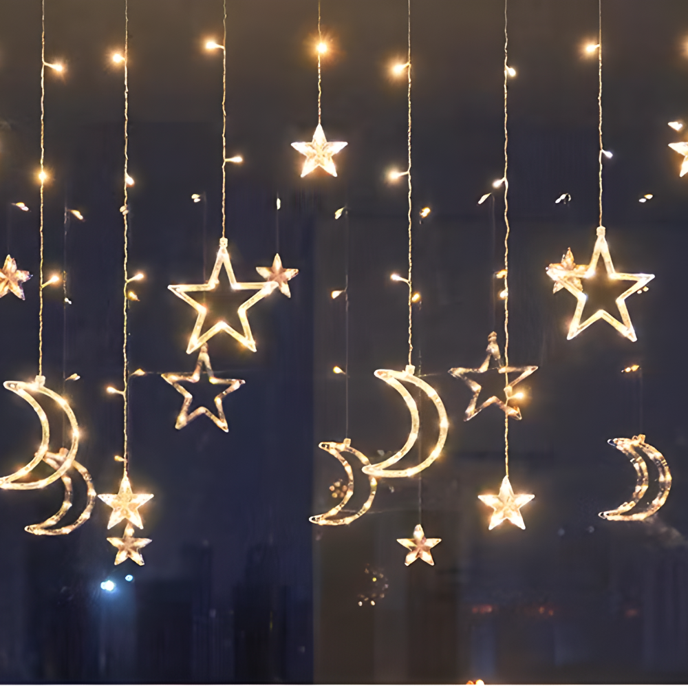 Cortină LED cu stele alb cald — panou cu plasă iluminată