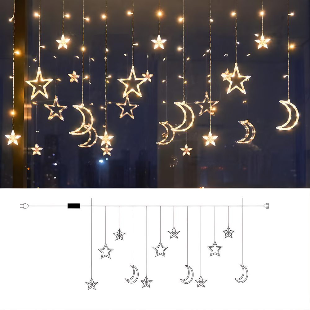 Cortină LED cu stele alb cald — panou cu plasă iluminată