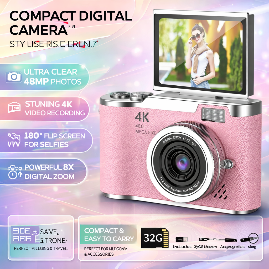 Digitální fotoaparát 4K s výklopným displejem, 48 MP, 8× zoom, kompaktní fotoaparát pro focení a natáčení videí | Meowbutter