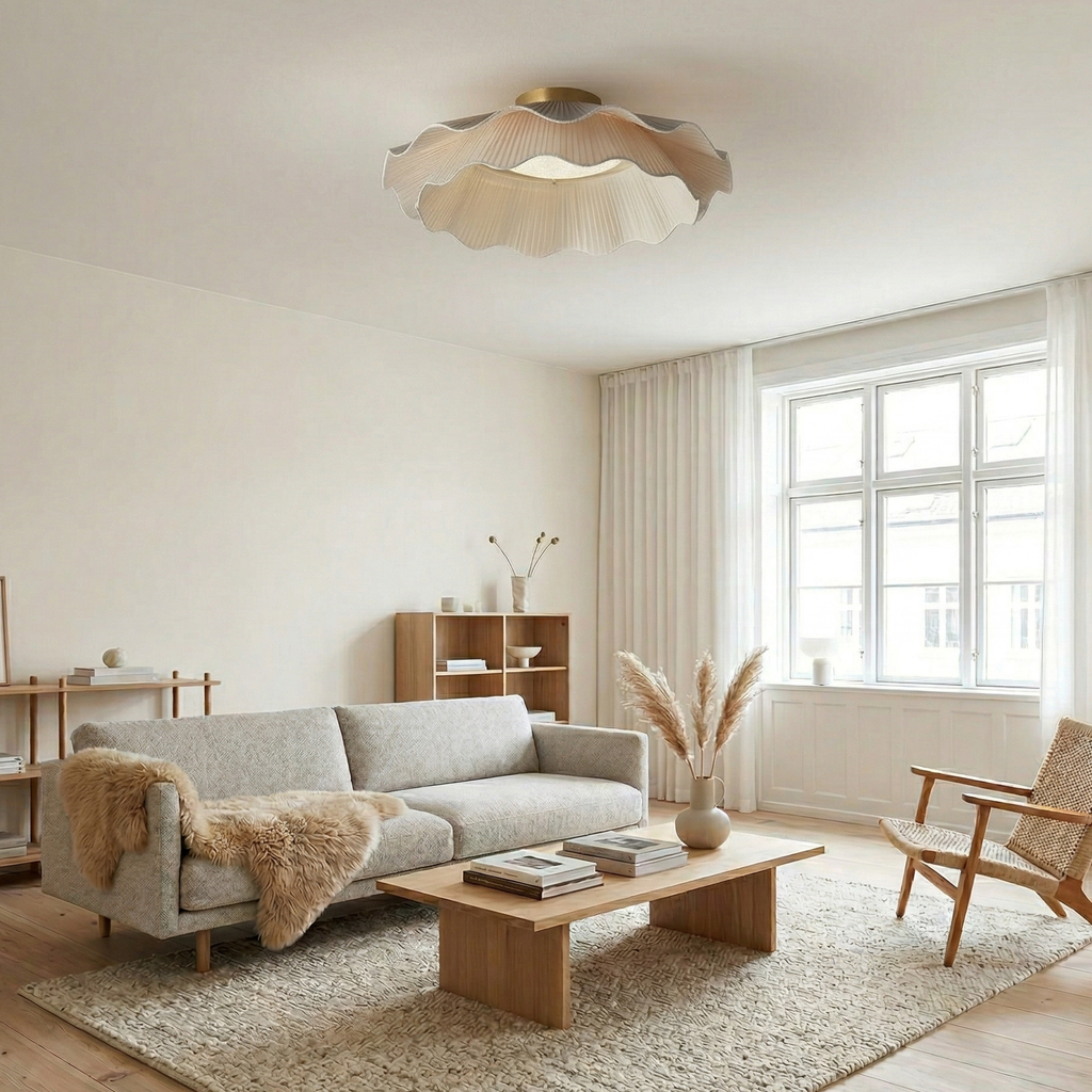 Lampada da soffitto dimmerabile con paralume in tessuto e finitura in ottone