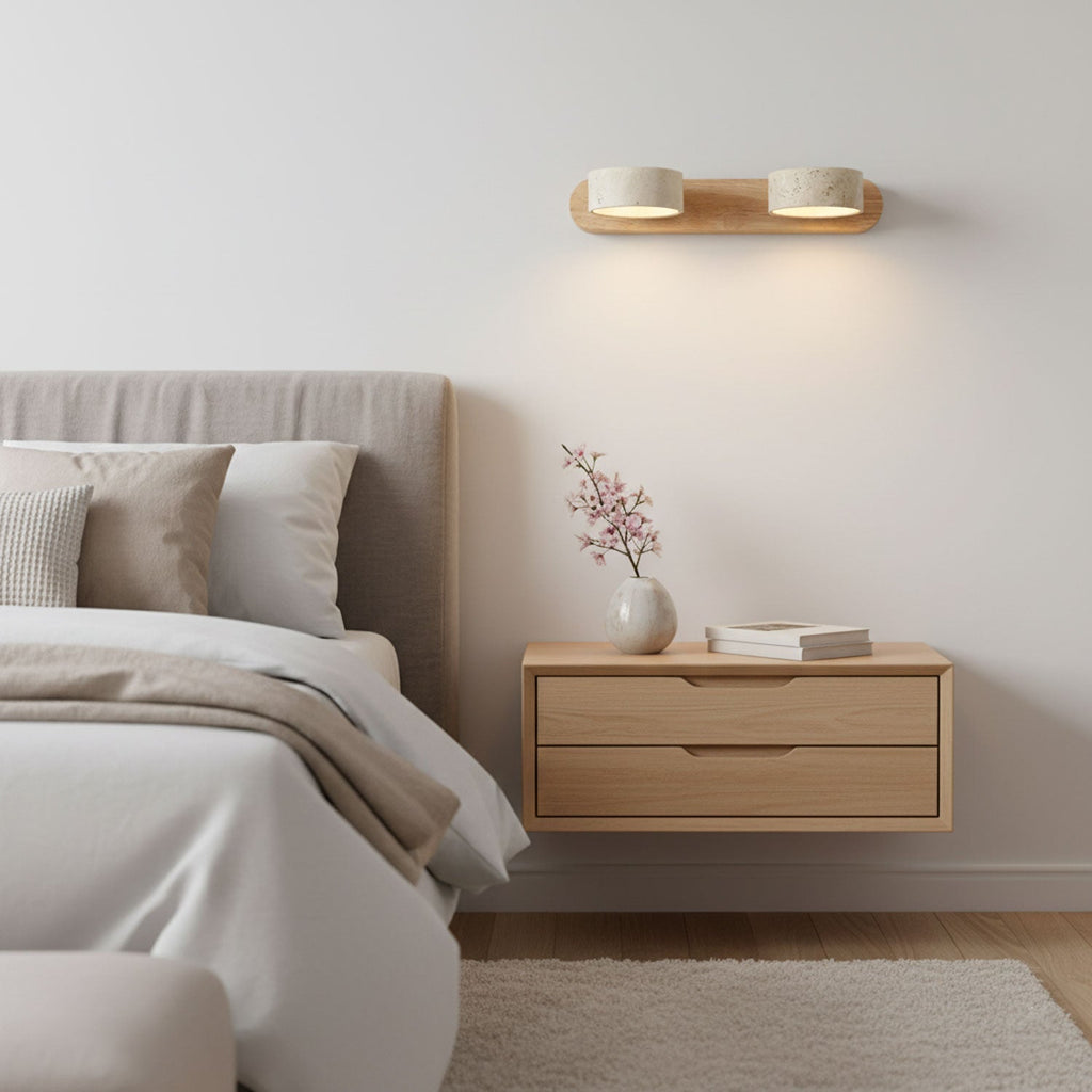 Indoor Duo Sconce With Yellow Travertine And Wood Finish