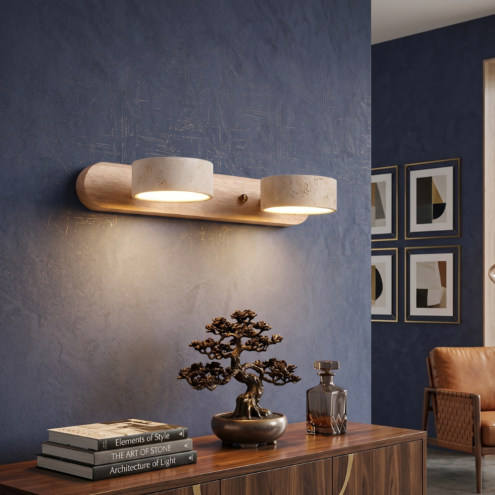 Indoor Duo Sconce With Yellow Travertine And Wood Finish
