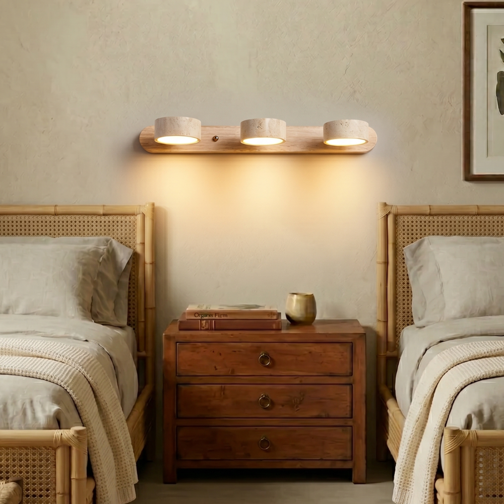 Indoor Duo Sconce With Yellow Travertine And Wood Finish