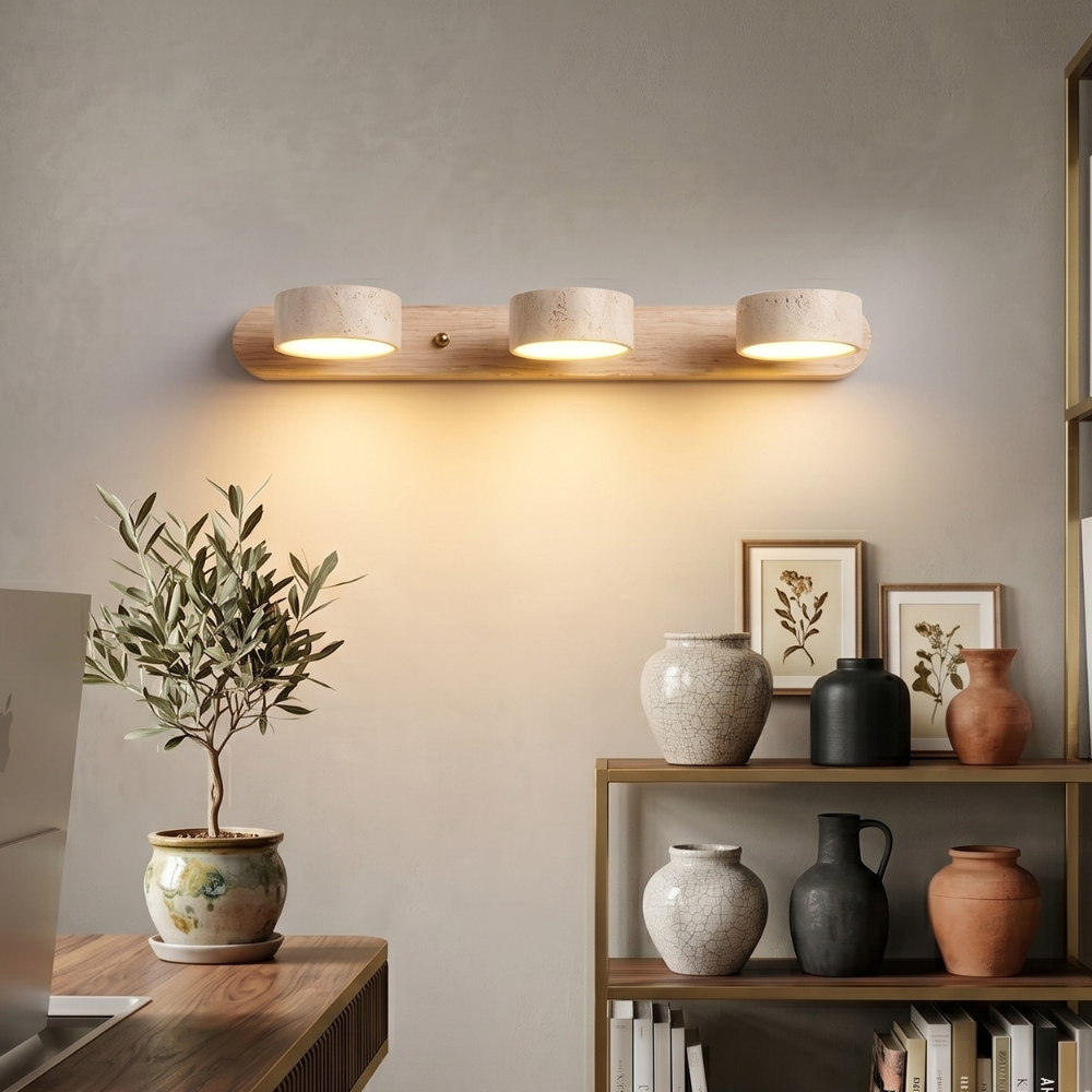 Indoor Duo Sconce With Yellow Travertine And Wood Finish