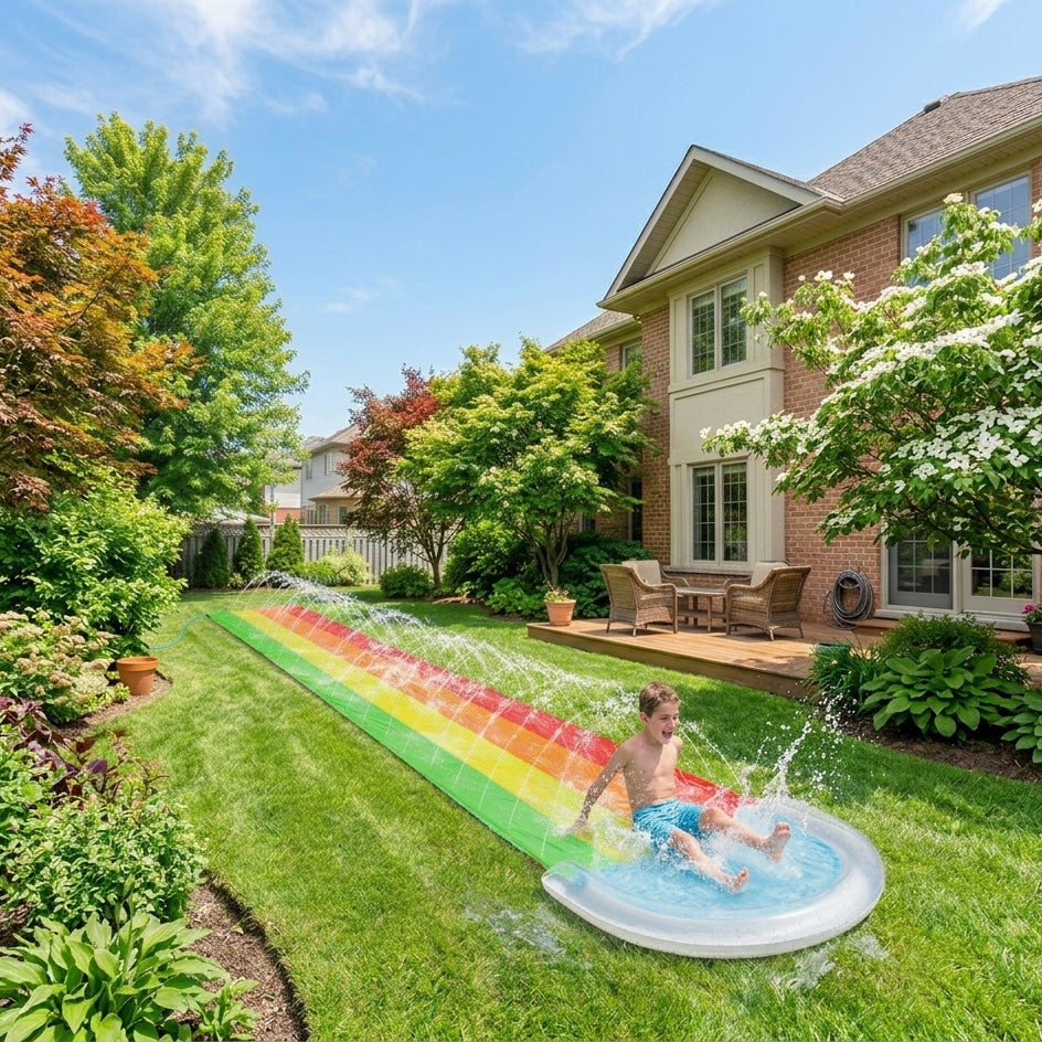 Toboggan d'eau de jardin - 480×76 cm - Pulvérisation intégrée - Piscine éclaboussante - Sans gonflage - À partir de 8 ans | meowbutter