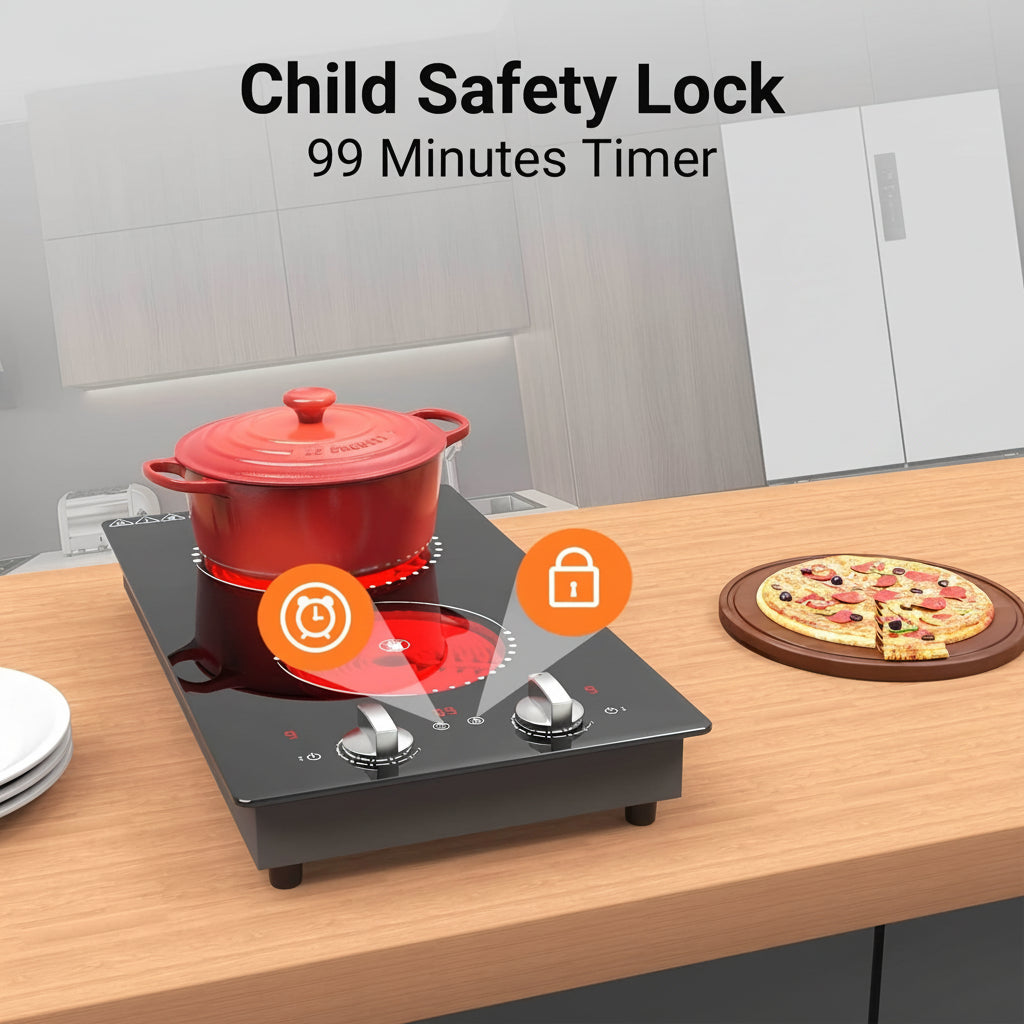 Compact Portable Electric Cooktop — Double 2100W Burners, Knob Controls
