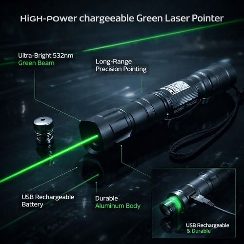 Indicator laser verde de 532 nm — reîncărcabil prin USB, ecologic, rază de acțiune de 2 km