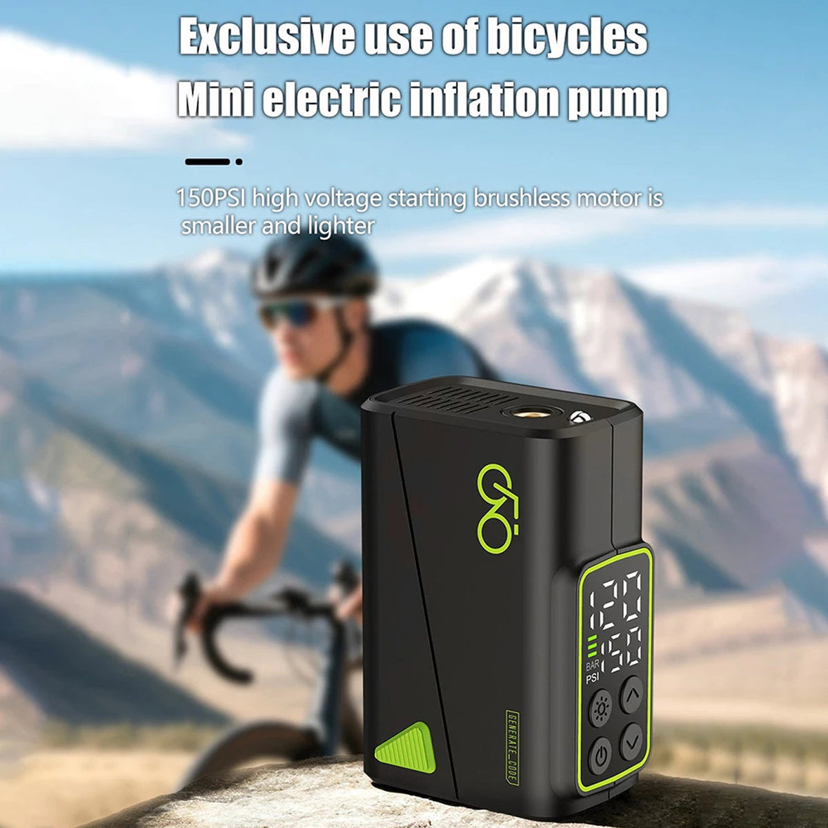 Kompakt elektrisk cykelpumpe — dobbelt display, hurtig opladning, 145 gram