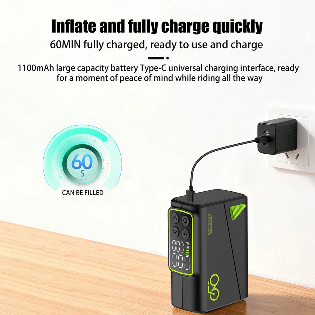 Kompakt elektrisk cykelpumpe — dobbelt display, hurtig opladning, 145 gram