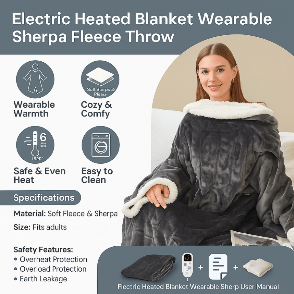 Electric Heated Blanket Wearable Sherpa Fleece Throw Adults | Meowbutter