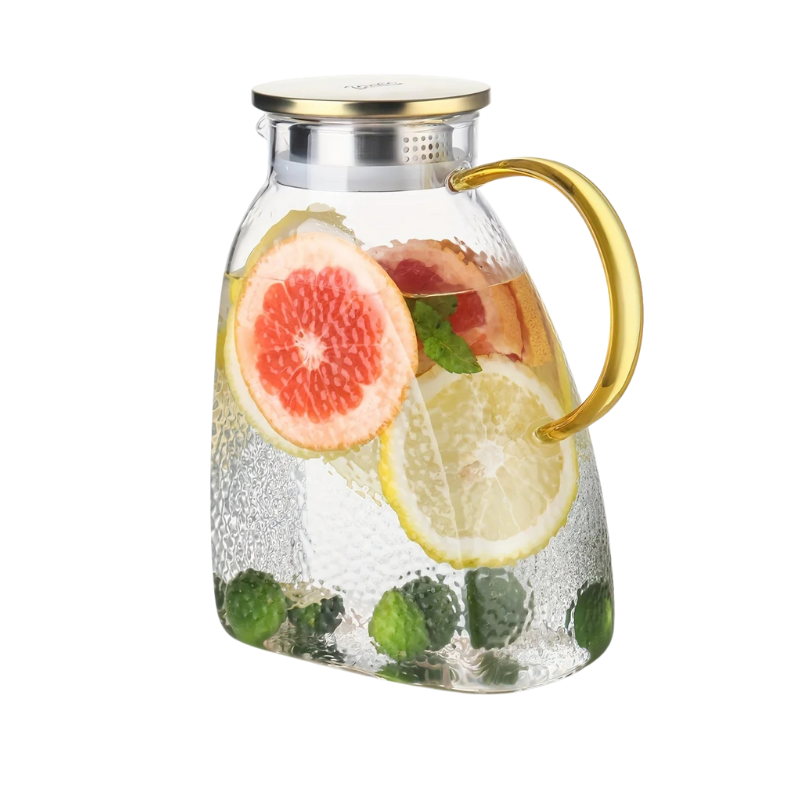 Carafă din sticlă borosilicată — rezistentă la căldură și frig, cu capac și mâner