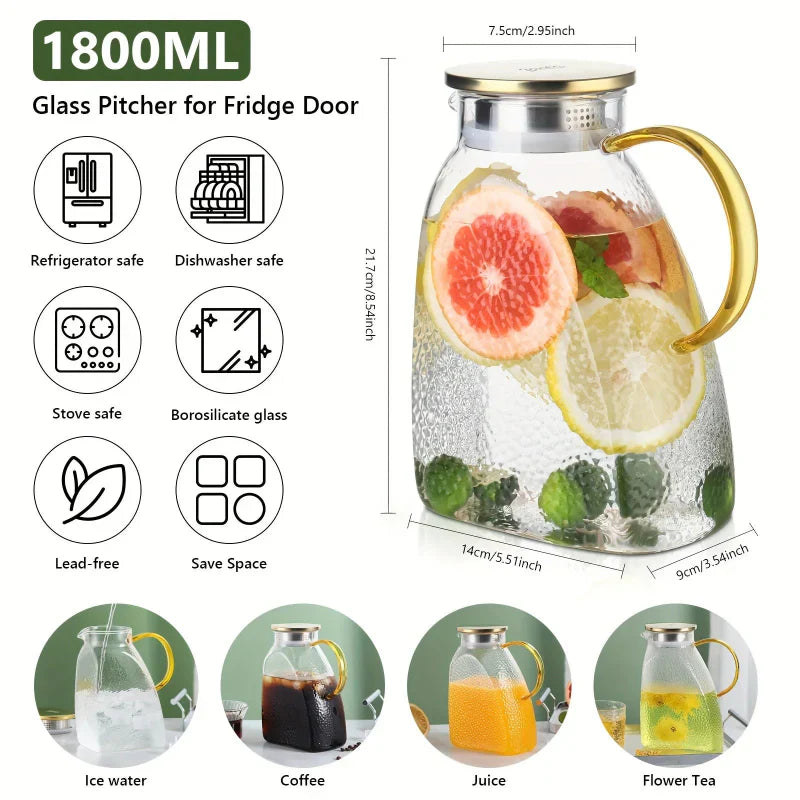 Carafă din sticlă borosilicată — rezistentă la căldură și frig, cu capac și mâner
