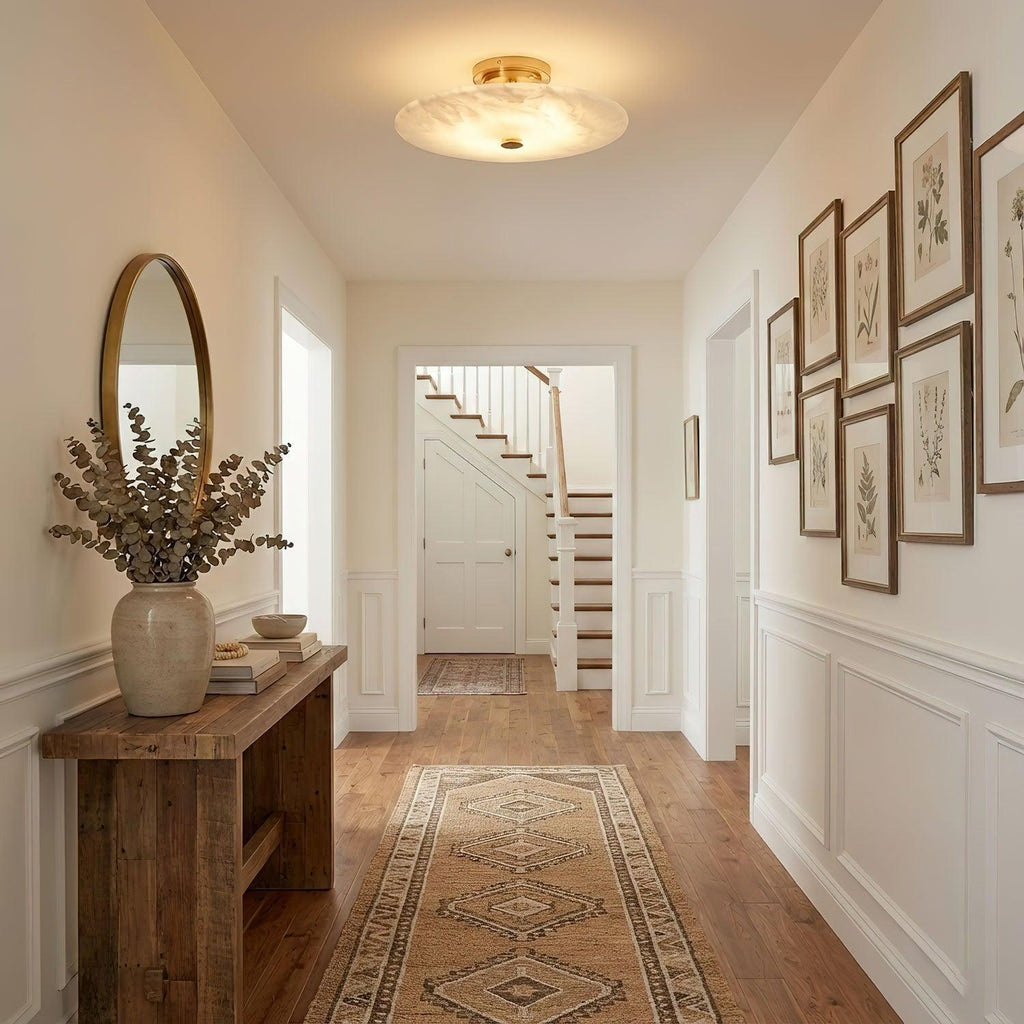 Alabasterskærm i messing loftslampe med justerbar højde