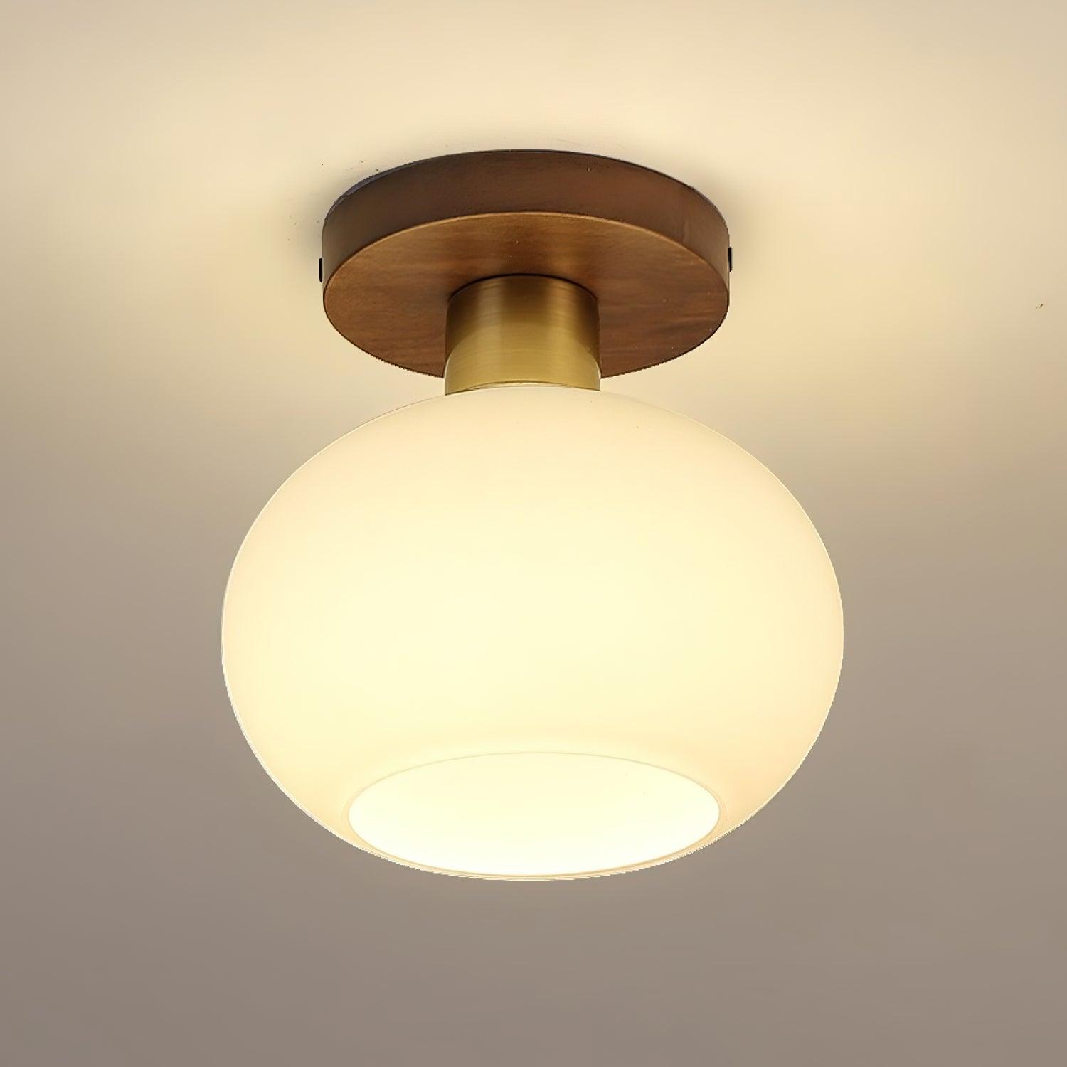 Luminária de Teto em Vidro Opalino com Acabamento em Nogueira Negra e Cobre