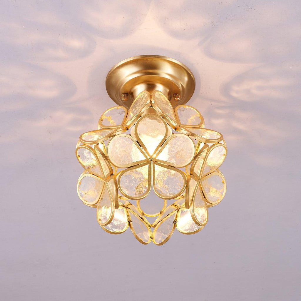 Lampada da soffitto elegante in ottone e vetro con motivo floreale