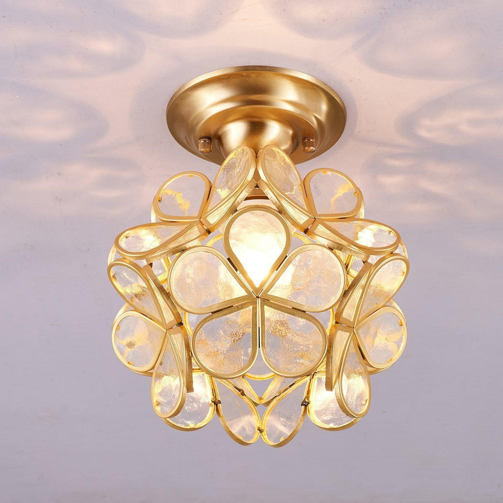 Lampada da soffitto elegante in ottone e vetro con motivo floreale