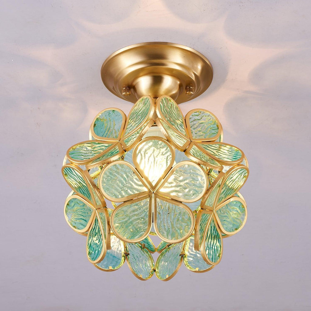 Lampada da soffitto elegante in ottone e vetro con motivo floreale