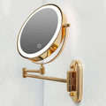 Miroir de maquillage rechargeable à LED, double face, doré — Éclairage à trois couleurs, charnière murale