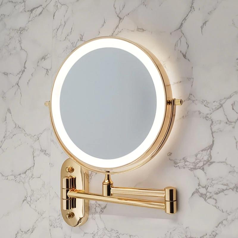 Miroir de maquillage rechargeable à LED, double face, doré — Éclairage à trois couleurs, charnière murale