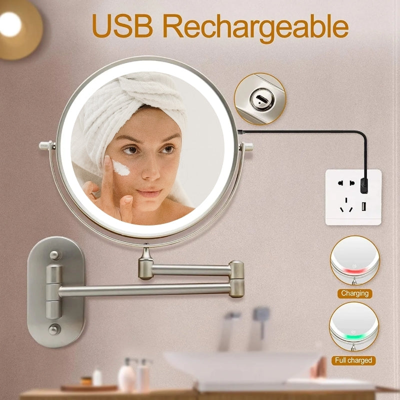 Miroir de maquillage rechargeable à LED, double face, doré — Éclairage à trois couleurs, charnière murale