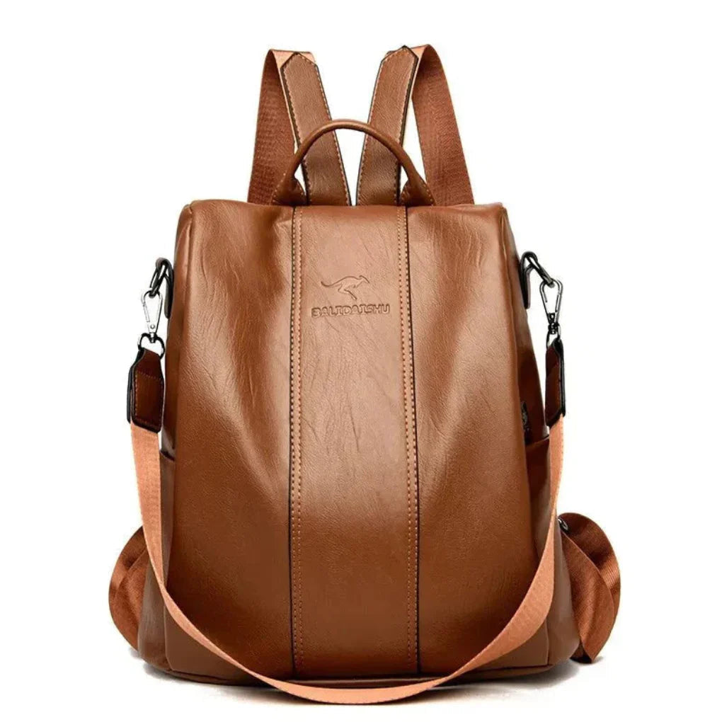Zaino in pelle con incisione a canguro antiscippo — tasche con cerniera allineate allo schienale, struttura leggera e rigida