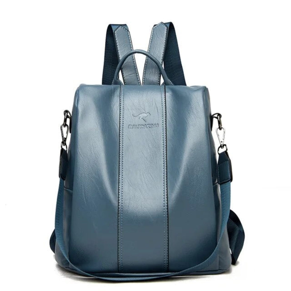 Zaino in pelle con incisione a canguro antiscippo — tasche con cerniera allineate allo schienale, struttura leggera e rigida