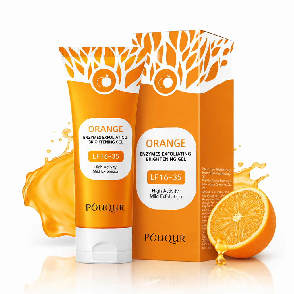 Orangefarvet eksfolierende opklarende gel — citrusekstrakt, jojobafrøolie og botaniske fibre
