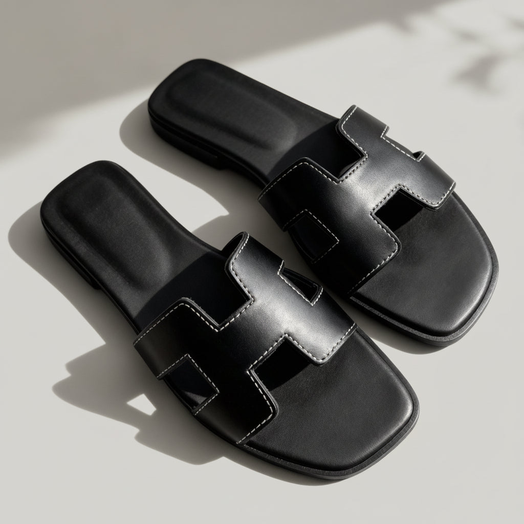 Slip-in-sandaler med öppen tå — platt komfortsula, greppvänlig yttersula