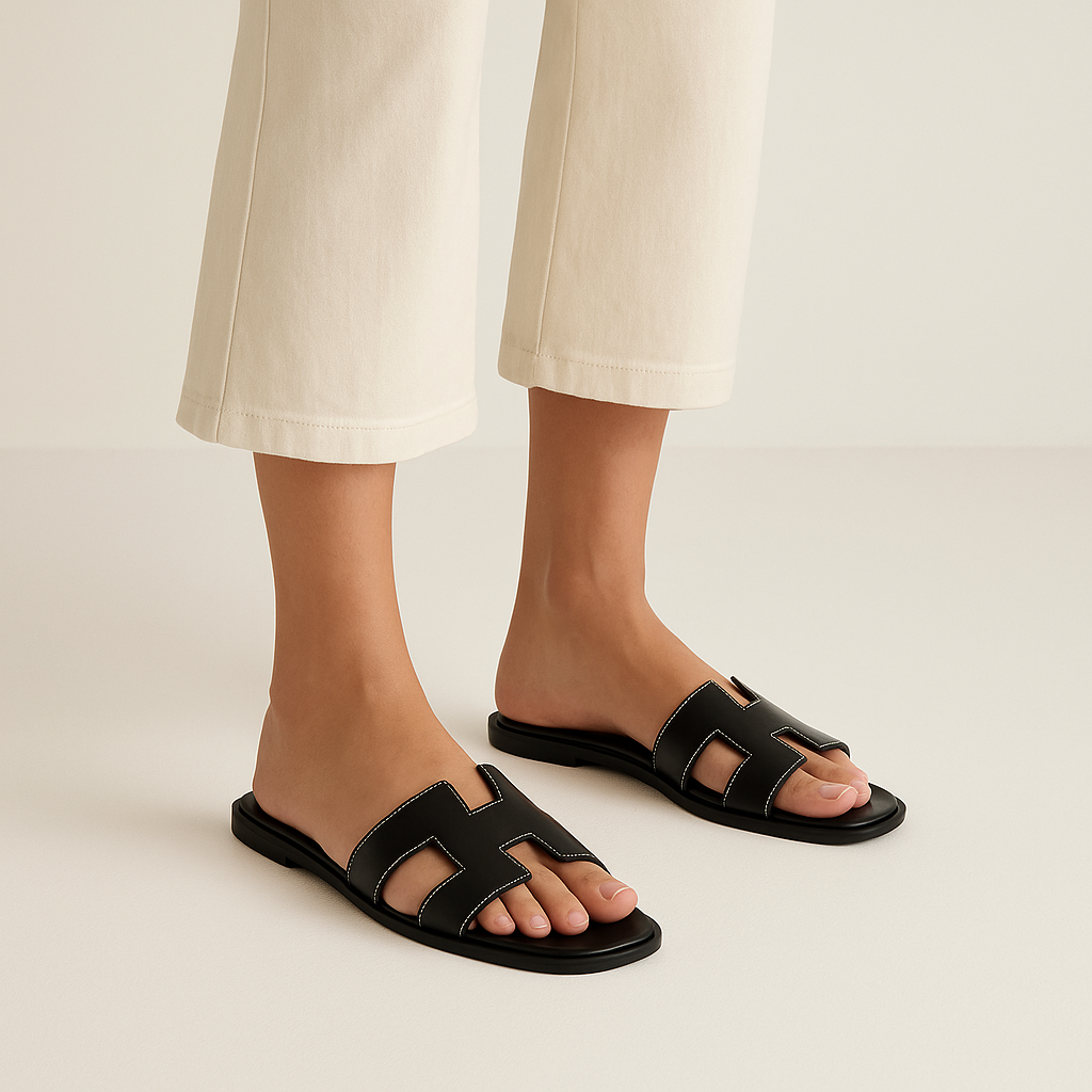 Slip-in-sandaler med öppen tå — platt komfortsula, greppvänlig yttersula