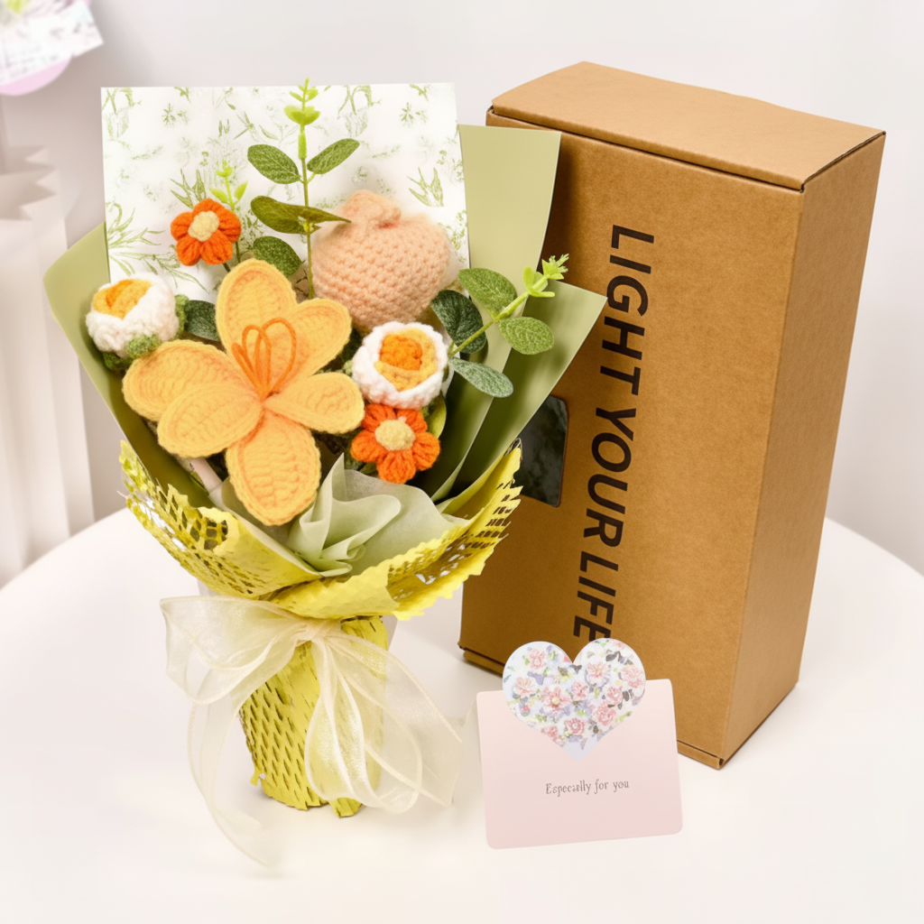 Kézzel horgolt tulipáncsokor — plüssfonalból készült virágszárak