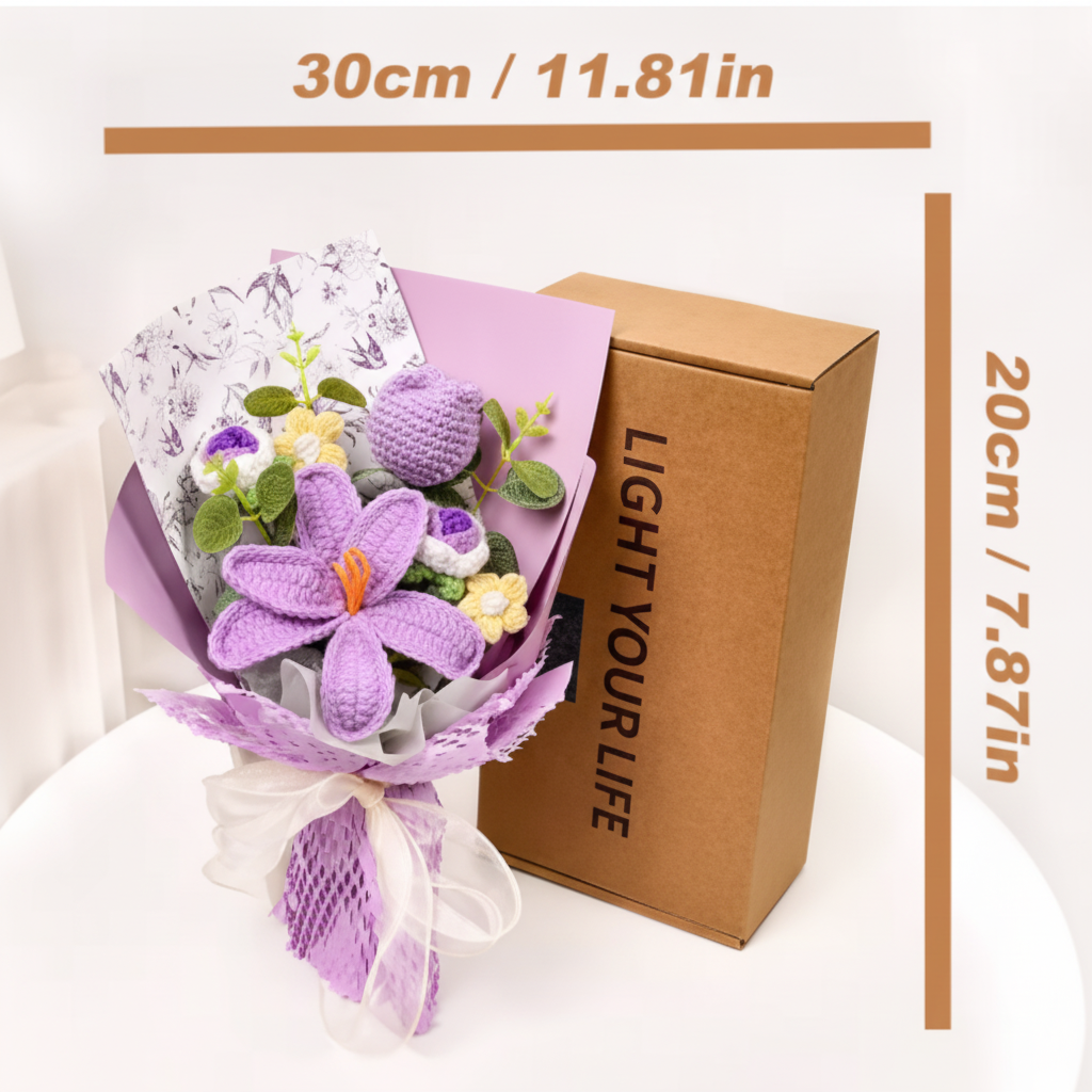 Kézzel horgolt tulipáncsokor — plüssfonalból készült virágszárak