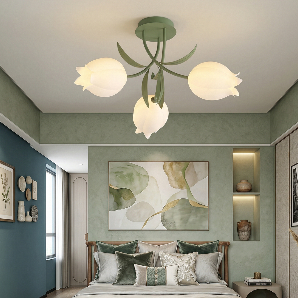 Luminária de Teto Floral com Iluminação Interior Ajustável em Metal e Acrílico