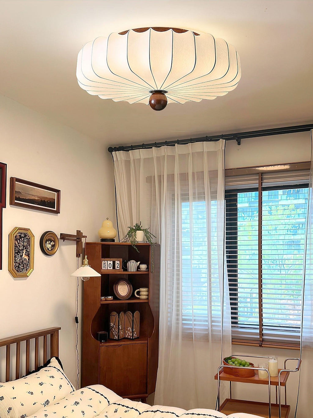 Elegant Wood Accent Ceiling Light With Floral Motif And Integrated LED