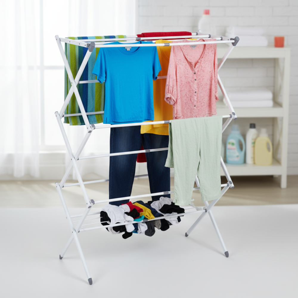 Chrome-Coated Steel Laundry Drying Rack — Foldable Accordion Frame