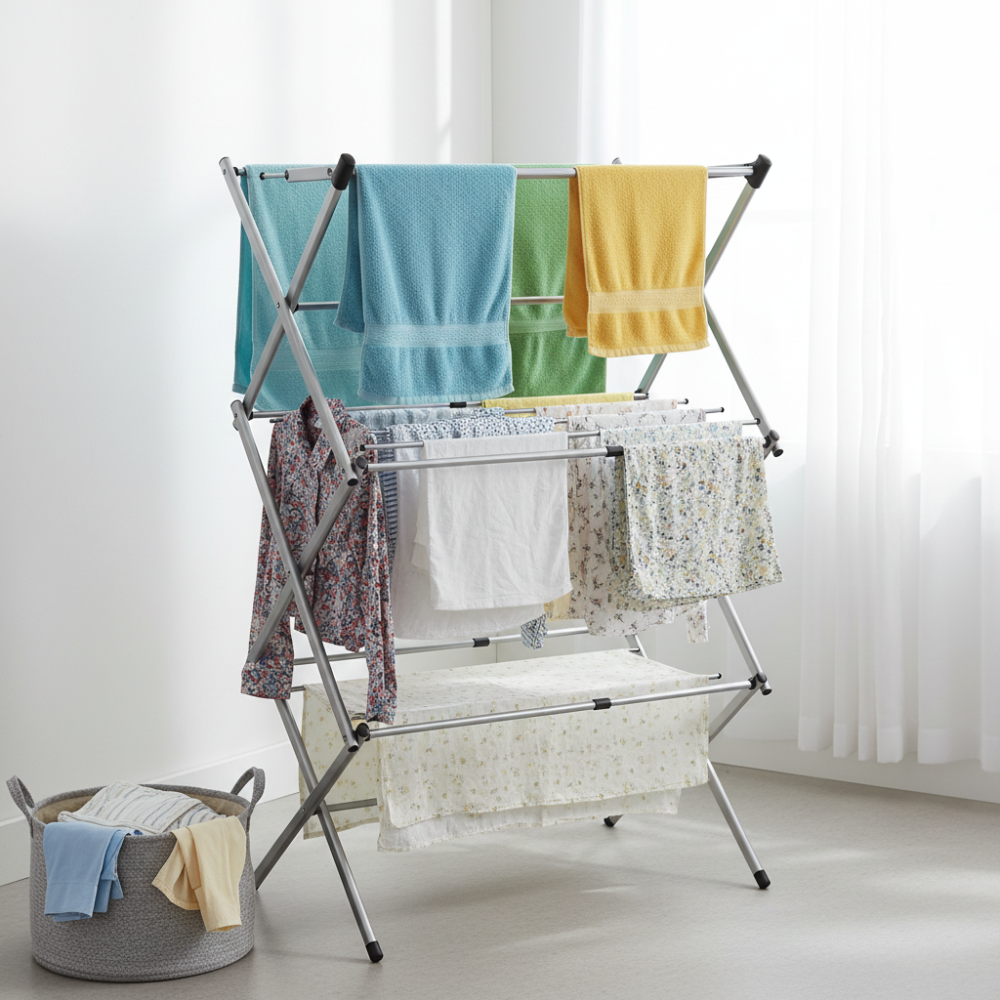 Chrome-Coated Steel Laundry Drying Rack — Foldable Accordion Frame