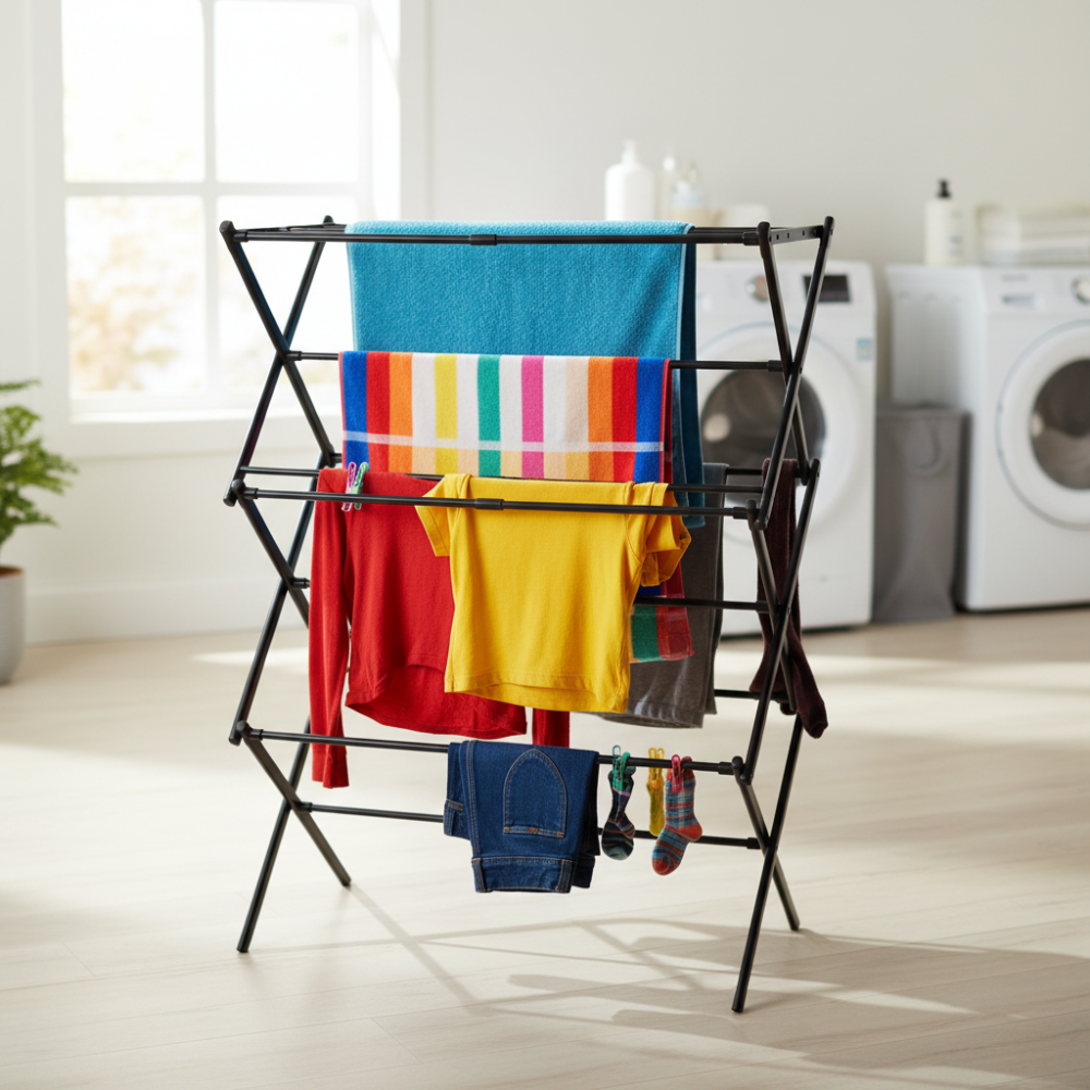 Chrome-Coated Steel Laundry Drying Rack — Foldable Accordion Frame