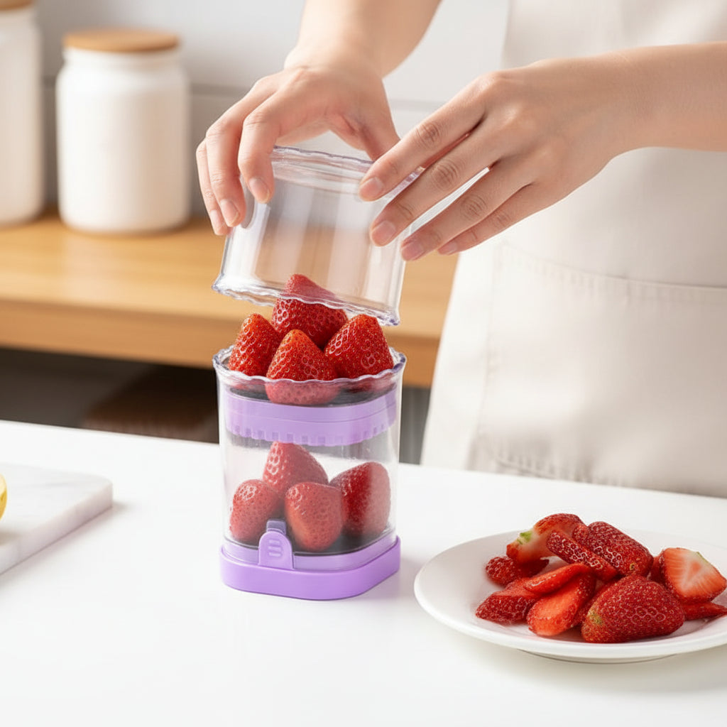 Kráječ jahod Fruit Slicer s 8 čepelemi, snadné použití, na ovocné saláty | Meowbutter