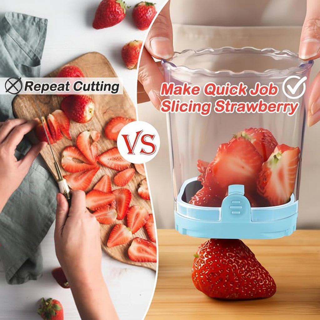 Kráječ jahod Fruit Slicer s 8 čepelemi, snadné použití, na ovocné saláty | Meowbutter