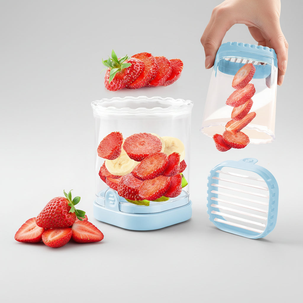 Kráječ jahod Fruit Slicer s 8 čepelemi, snadné použití, na ovocné saláty | Meowbutter