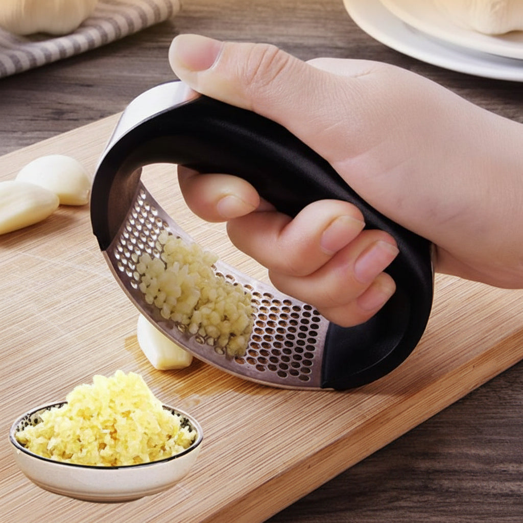 Esmaga-alhos em aço inoxidável — Cabo ergonómico, triturador manual