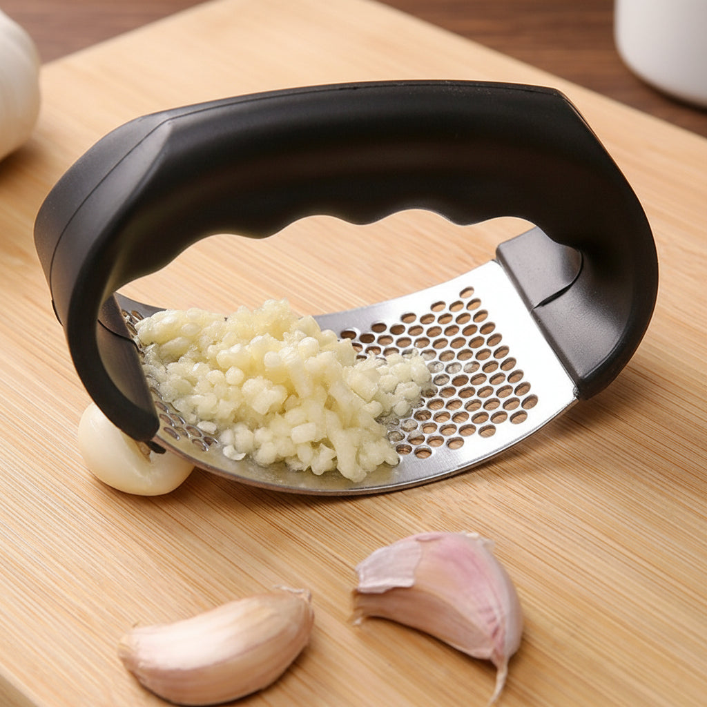 Esmaga-alhos em aço inoxidável — Cabo ergonómico, triturador manual