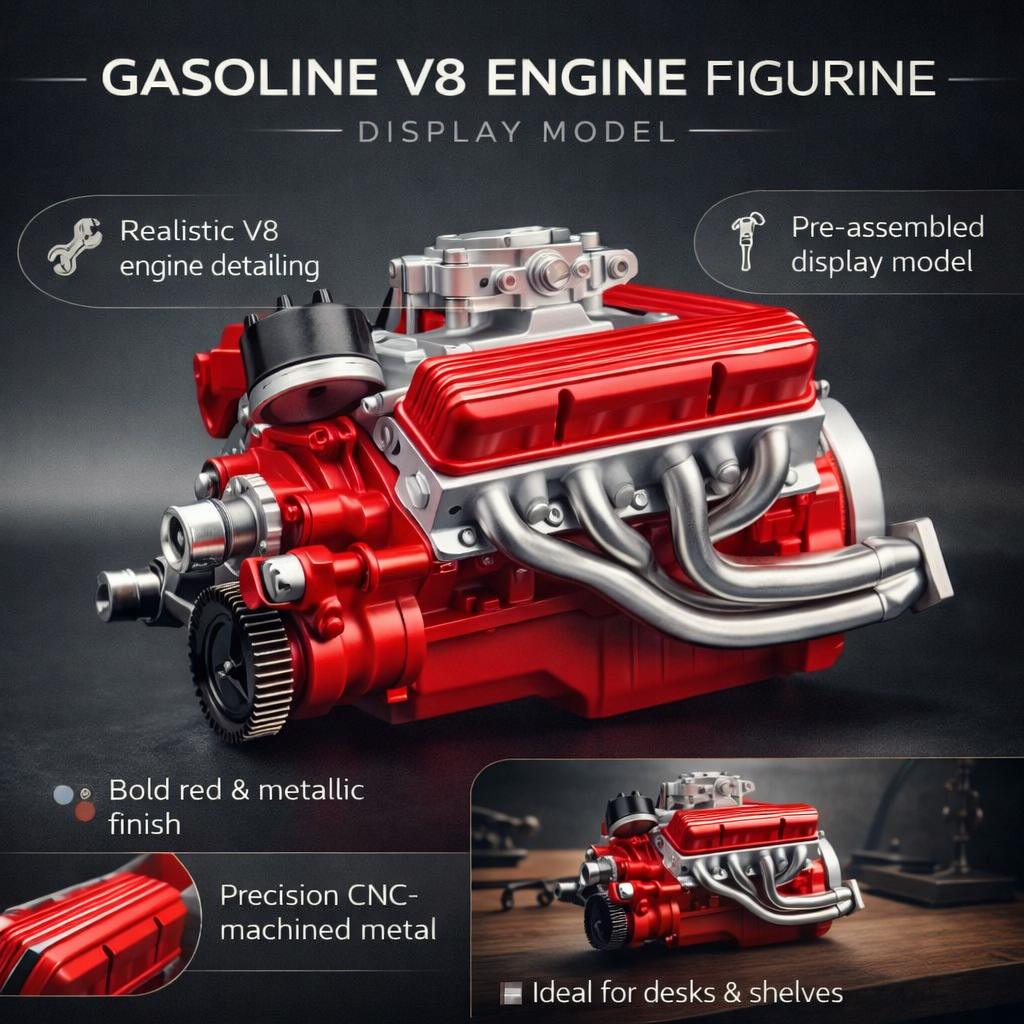 Plně sestavený model benzinového motoru V8 — miniaturní model s propracovanými detaily