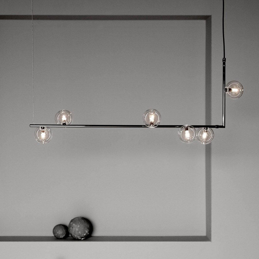 Lampada a sospensione in vetro trasparente geometrico con altezza regolabile e metallo
