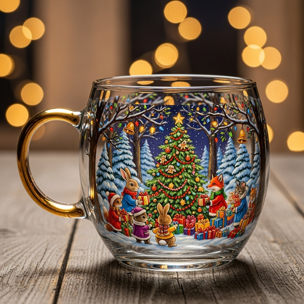 Clear Glass Tapered Cup — Frosted Landscape Motif