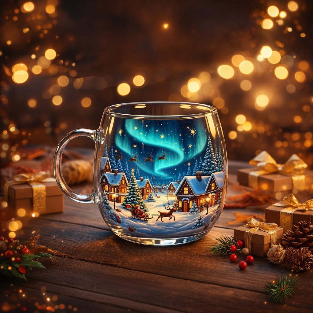 Clear Glass Tapered Cup — Frosted Landscape Motif