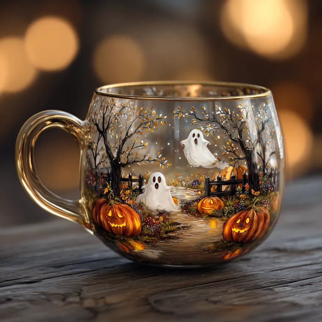 Clear Glass Tapered Cup — Frosted Landscape Motif