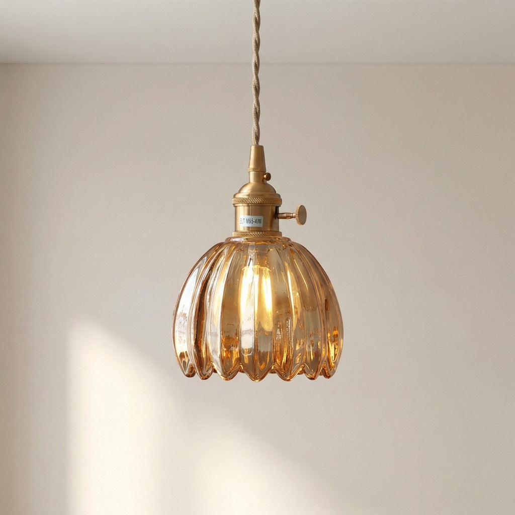Vintage Glass Pendant Fixture With Brass Shade And Floral Adjustable Height