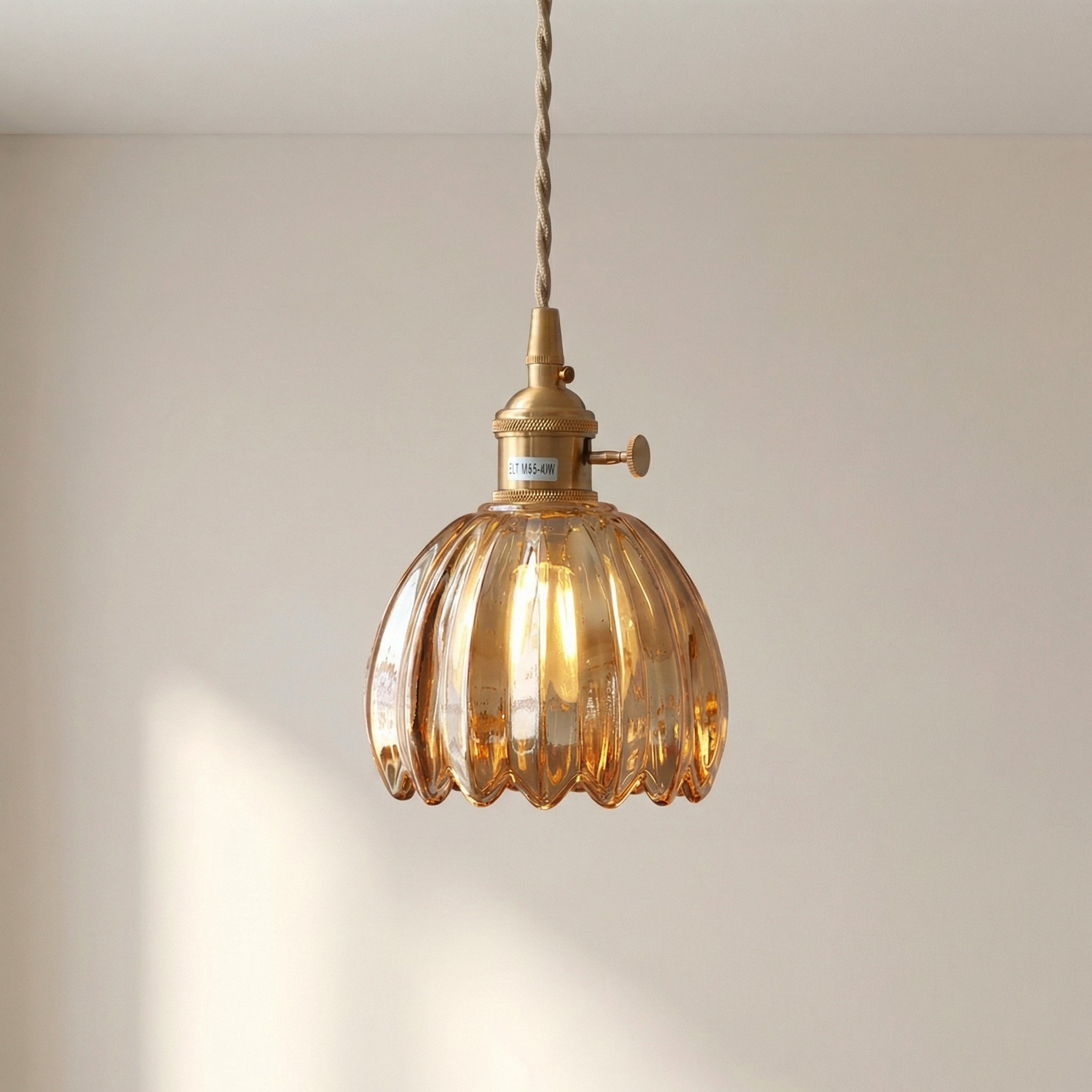 Vintage Glass Pendant Fixture With Brass Shade And Floral Adjustable Height