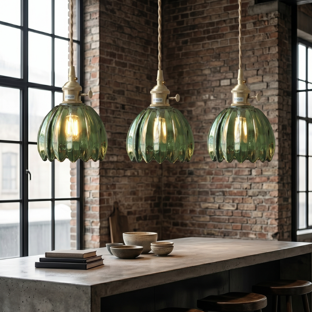 Vintage Glass Pendant Fixture With Brass Shade And Floral Adjustable Height