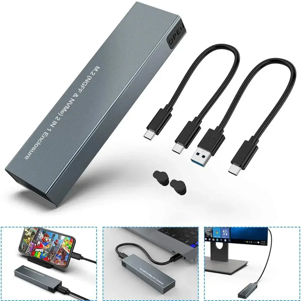 Pouzdro pro SSD NVMe a SATA — USB C, přenosová rychlost 10 Gb/s, tenké kovové tělo